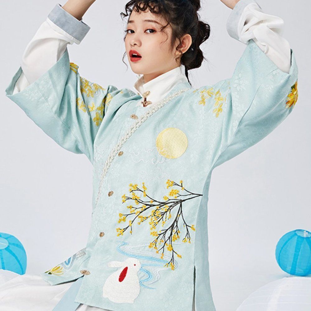 Mooncake Rabbit Embroidered Gown Set | Hanfu Dress Top Skirt Cardigan Po…